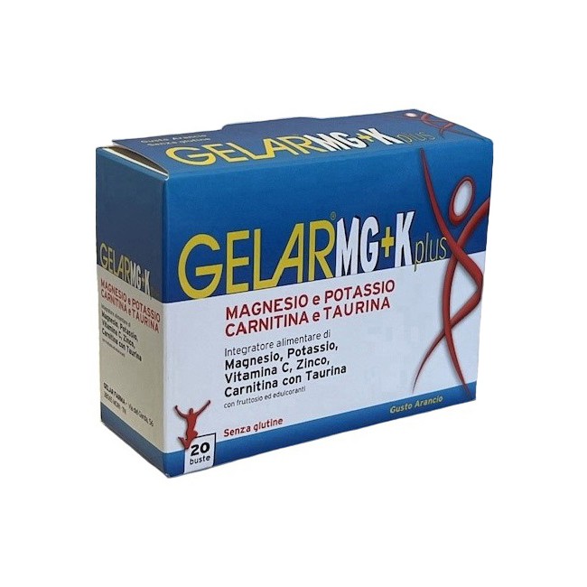 Confezione da 20 bustine di Gerlar MG+K Plus, integratore contro stanchezza e affaticamento muscolare. Confezione da 20 bustine di Gerlar MG+K Plus, integratore contro stanchezza e affaticamento muscolare.