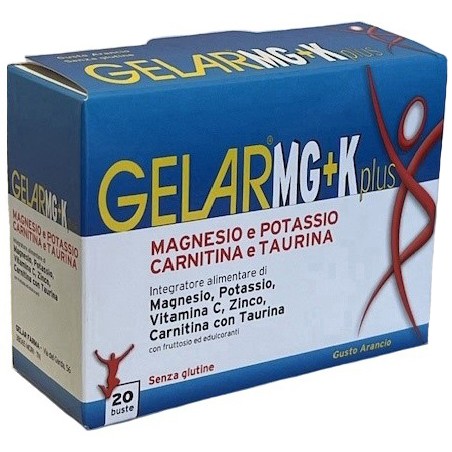 Confezione da 20 bustine di Gerlar MG+K Plus, integratore contro stanchezza e affaticamento muscolare. Confezione da 20 bustine di Gerlar MG+K Plus, integratore contro stanchezza e affaticamento muscolare.