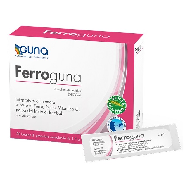 Confezione da 28 bustine orosolubili di Guna Ferroguna integratore di ferro Confezione da 28 bustine orosolubili di Guna Ferroguna integratore di ferro