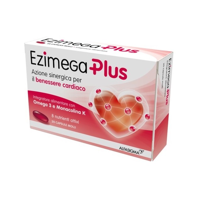 Confezione da 20 capsule molli di Ezimega plus integratore per il colesterolo ed il benessere del cuore Confezione da 20 capsule molli di Ezimega plus integratore per il colesterolo ed il benessere del cuore