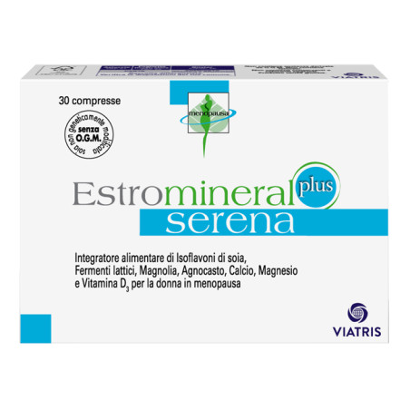 Confezione da 30 compresse di Estromineral Serena Plus integratore per la donna in menopausa.