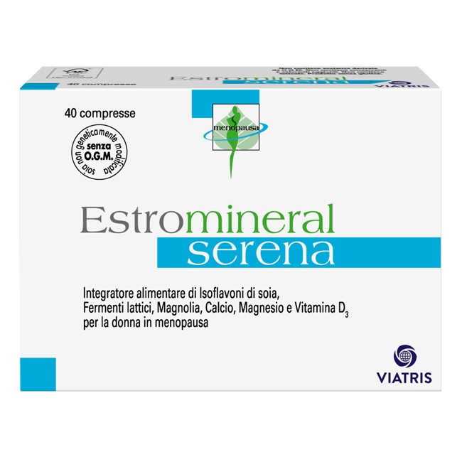 Confezione da 40 compresse di Estromineral Serena integratore per la donna in menopausa. Confezione da 40 compresse di Estromineral Serena integratore per la donna in menopausa.
