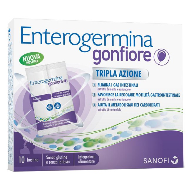Confezione da 10 bustine di Enterogermina gonfiore integratore per il benessere intestinale