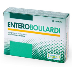 Confezione da 20 capsule di EnteroBoulardi, integratore probiotico per diarrea e altri disturbi intestinali.