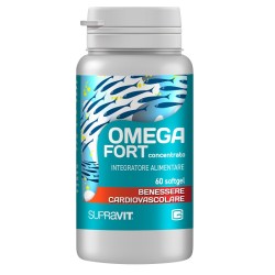 Confezione da 60 softgel di Omegafirt Supravit, integratore per il colesterolo e la pressione sanguigna.