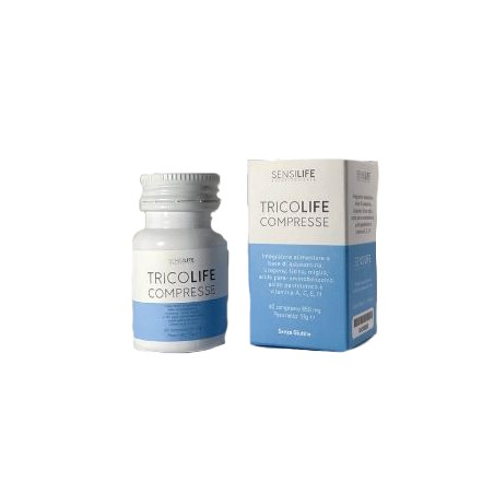 Confezione da 60 compresse di Tricolife, integratore per combattere la fragilità di capelli e unghie. Confezione da 60 compresse di Tricolife, integratore per combattere la fragilità di capelli e unghie.