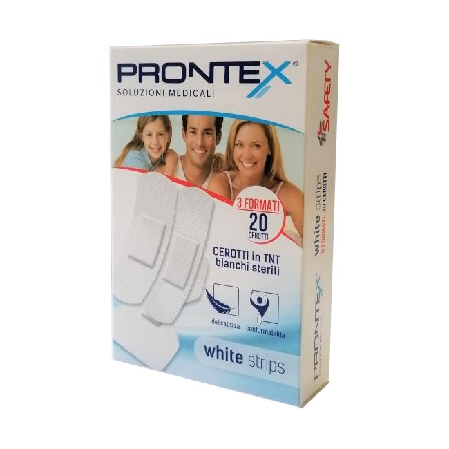 CEROTTO PRONTEX WHITE STRIPS IN TESSUTO NON TESSUTO BIANCO STERILE 3 FORMATI 20 PEZZI CEROTTO PRONTEX WHITE STRIPS IN TESSUTO NON TESSUTO BIANCO STERILE 3 FORMATI 20 PEZZI