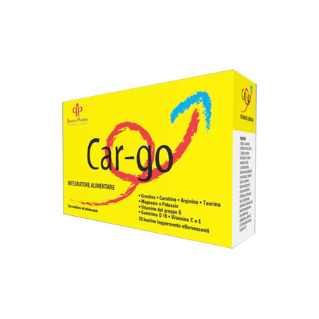 Confezione da 20 bustine di Car-Go, integratore energizzante, utile in caso di stanchezza ed affaticamento.