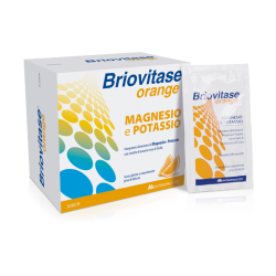 Confezione da 30 bustine di Briovitase Orange, integratore di magnesio e potassio.