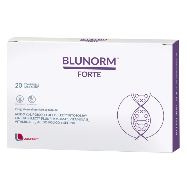 Confezione da 20 compresse di Blunorm Forte, integratore per la funzionalità del microcircolo. Confezione da 20 compresse di Blunorm Forte, integratore per la funzionalità del microcircolo.