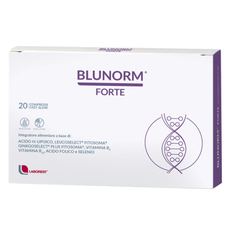 Confezione da 20 compresse di Blunorm Forte, integratore per la funzionalità del microcircolo.