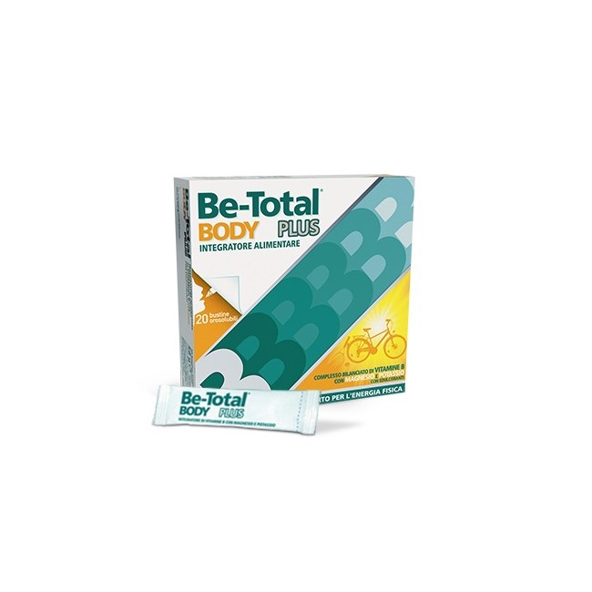 Confezione da 20 bustine di Be-Total Body Plus, integratore per il benessere dei muscoli. Confezione da 20 bustine di Be-Total Body Plus, integratore per il benessere dei muscoli.
