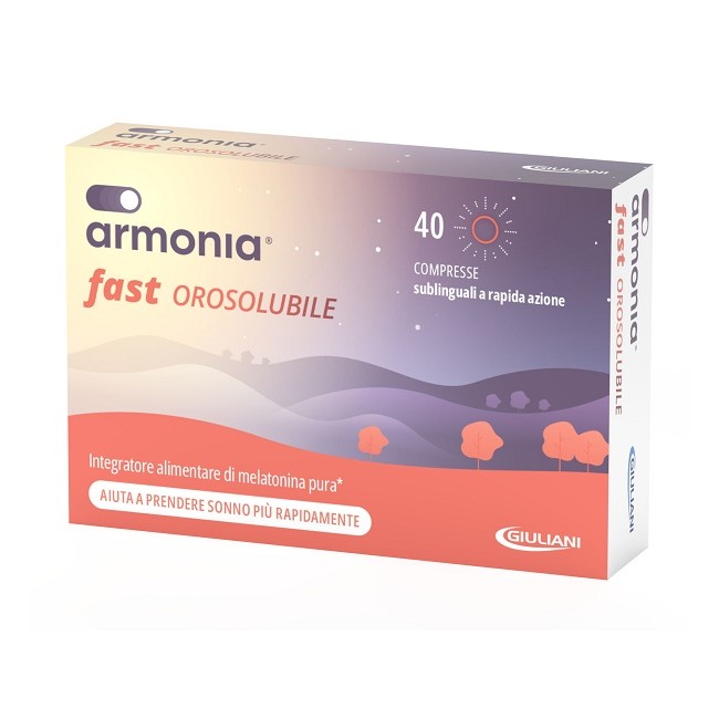 Confezione da 40 compresse orosolubili di Armonia Fast integratore con Melatonina per dormire.