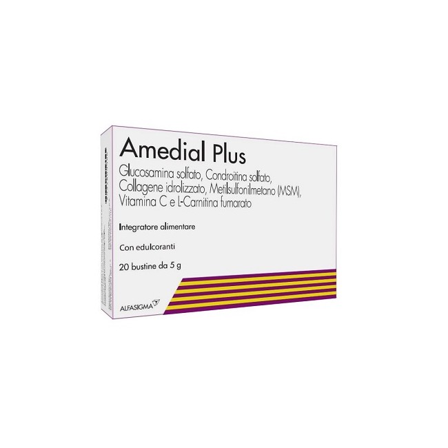 Confezione da 20 bustine di Amedial Pus, integratore per il benessere di ossa e cartilagini. Confezione da 20 bustine di Amedial Pus, integratore per il benessere di ossa e cartilagini.