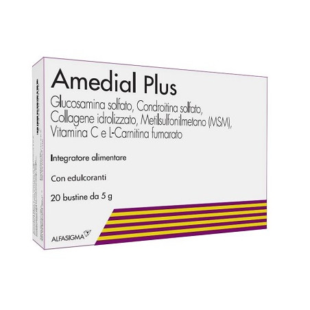 Confezione da 20 bustine di Amedial Pus, integratore per il benessere di ossa e cartilagini.