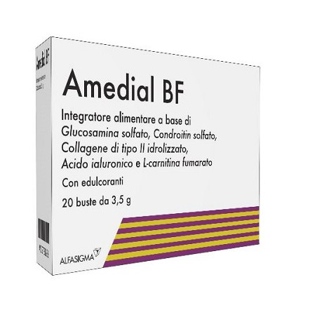 Confezione da 20 bustine di Amedial BF, integratore per il benessre di articolazioni e cartilagini.