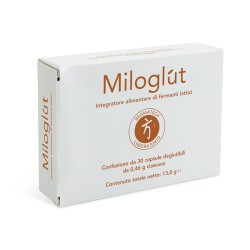 Confezione da 30 capsule di Bromatech Miloglut Integratore Di Fermenti Lattici Per Benessere Intestinale.
