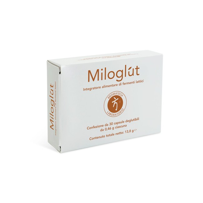 Confezione da 30 capsule di Bromatech Miloglut Integratore Di Fermenti Lattici Per Benessere Intestinale.