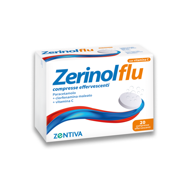 Confezione da 20 compresse effervescenti di Zerinolflu, farmaco contro i sintomi di raffreddore e influenza. Confezione da 20 compresse effervescenti di Zerinolflu, farmaco contro i sintomi di raffreddore e influenza.