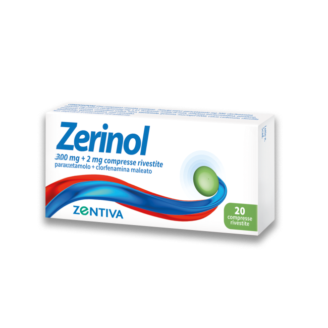 Confezione da 20 compresse rivestite di Zerinol, farmaco per febbre e congestione nasale. Confezione da 20 compresse rivestite di Zerinol, farmaco per febbre e congestione nasale.