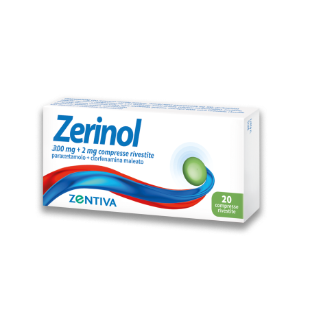 Confezione da 20 compresse rivestite di Zerinol, farmaco per febbre e congestione nasale. Confezione da 20 compresse rivestite di Zerinol, farmaco per febbre e congestione nasale.