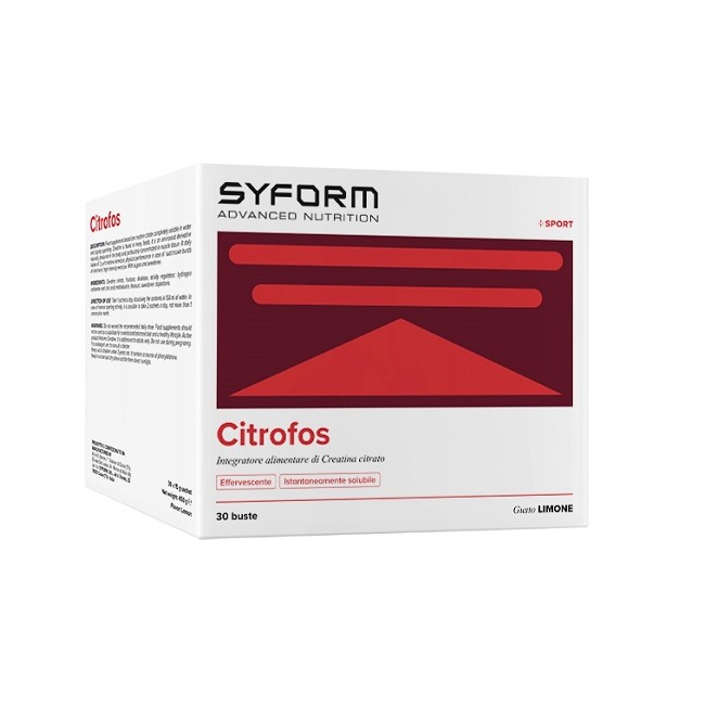 Confezione da 30 bustine di Citrofos Limone, integratore per supportare la performance sportiva.