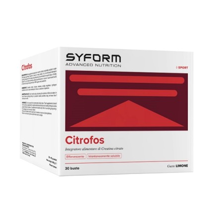 Confezione da 30 bustine di Citrofos Limone, integratore per supportare la performance sportiva.