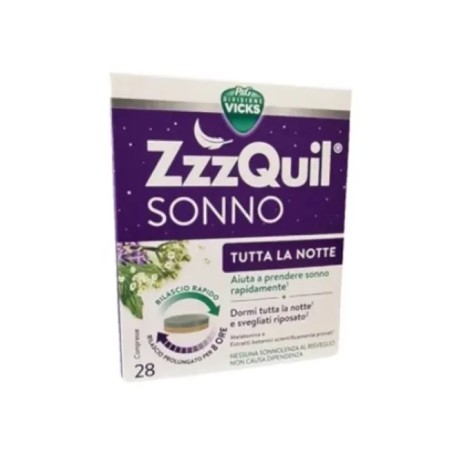 Confezione da 28 compresse di Vicks ZzzQuil integratore per favorire il sonno. Confezione da 28 compresse di Vicks ZzzQuil integratore per favorire il sonno.
