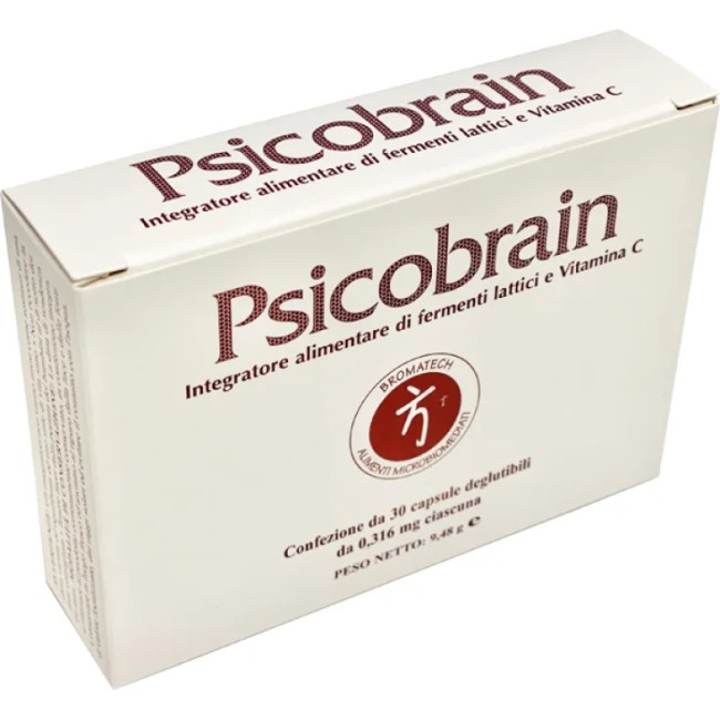 Confezione da 30 capsule di Psicobrain integratore di fermenti lattici e vitamina C. Confezione da 30 capsule di Psicobrain integratore di fermenti lattici e vitamina C.