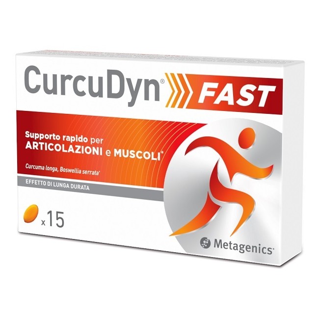 Confezione da 15 capsule di Curcudyn Fast, integratore per il benessere di articolazioni e muscoli.