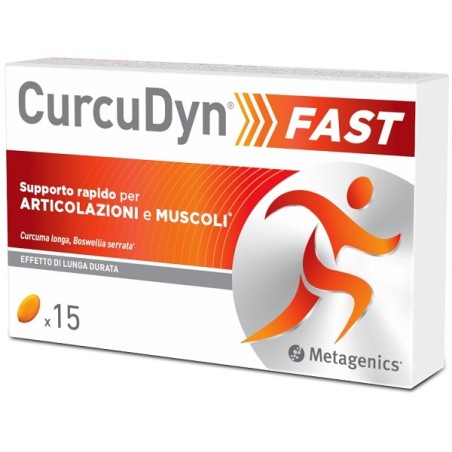 Confezione da 15 capsule di Curcudyn Fast, integratore per il benessere di articolazioni e muscoli.