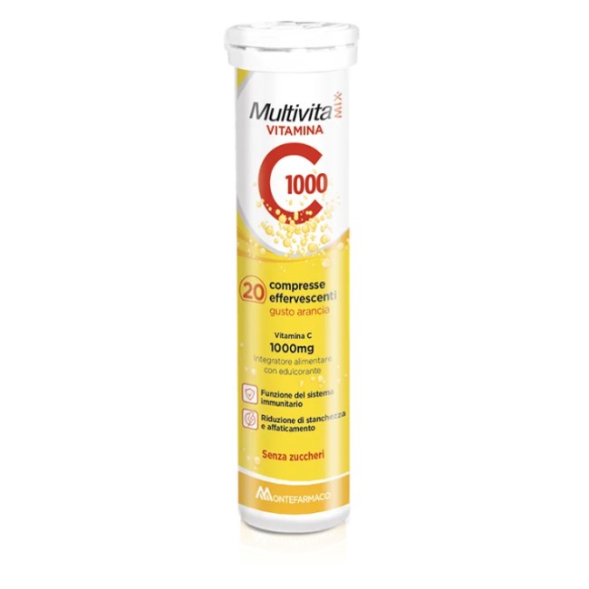 Confezione da 20 compresse di Multivitamix Vit C 1000 integratore di vitamina C per le difese immunitarie. Confezione da 20 compresse di Multivitamix Vit C 1000 integratore di vitamina C per le difese immunitarie.