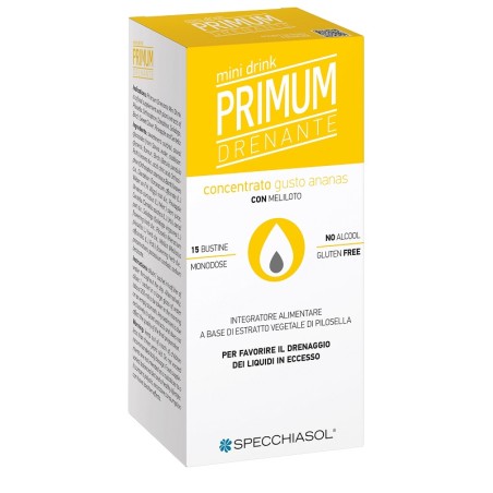 Confezione da 15 bustine di Primum Drenante, integratore per gambe gonfie e cellulite.