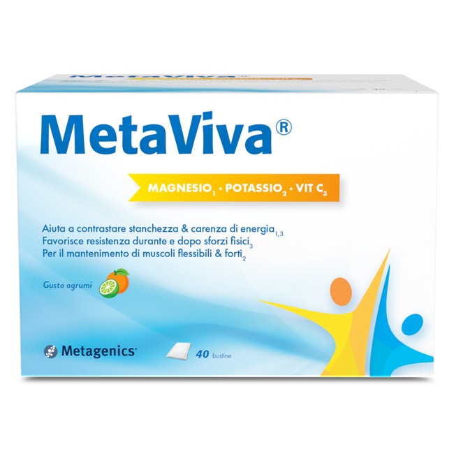 Confezione da 40 bustine di Metaviva, integratore di magnesio, potassio e vitamina C. Confezione da 40 bustine di Metaviva, integratore di magnesio, potassio e vitamina C.