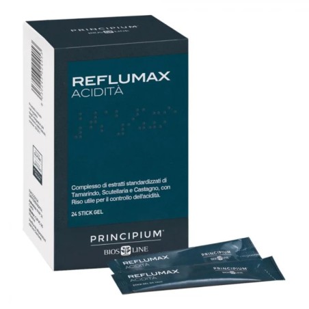 Confezione contenente 24 stick di Bios Line Principium Reflumax Acidità, integratore per il mal di stomaco.