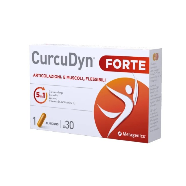 Confezione da 30 capsule di Curcudyn Forte integratore per il benessere di articolazioni e muscoli. Confezione da 30 capsule di Curcudyn Forte integratore per il benessere di articolazioni e muscoli.
