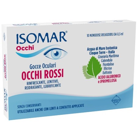 Confezione da 10 flaconcini di Isomar Occhi Rossi, collirio con acido ialuronico per occhi irritati.