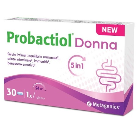 Confezione da 30 capsule di Probactiol Donna, integratore per il benessere intestinale e urogenitale femminile. Confezione da 30 capsule di Probactiol Donna, integratore per il benessere intestinale e urogenitale femminile.