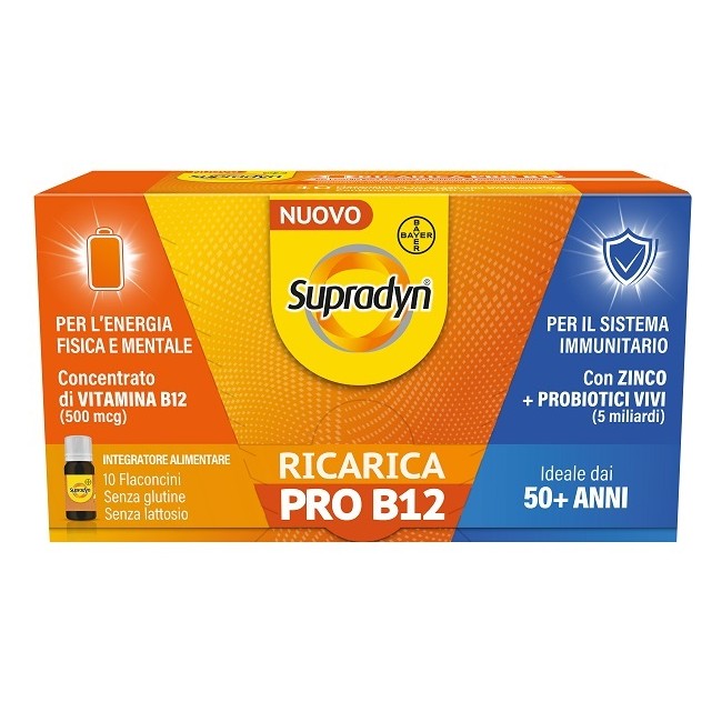 Confezione da 10 flaconcini di Supradyn Ricarica Pro B12, integratore con effetto energizzante. Confezione da 10 flaconcini di Supradyn Ricarica Pro B12, integratore con effetto energizzante.