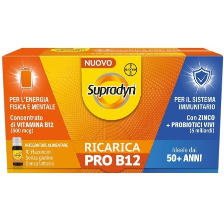 Confezione da 10 flaconcini di Supradyn Ricarica Pro B12, integratore con effetto energizzante.