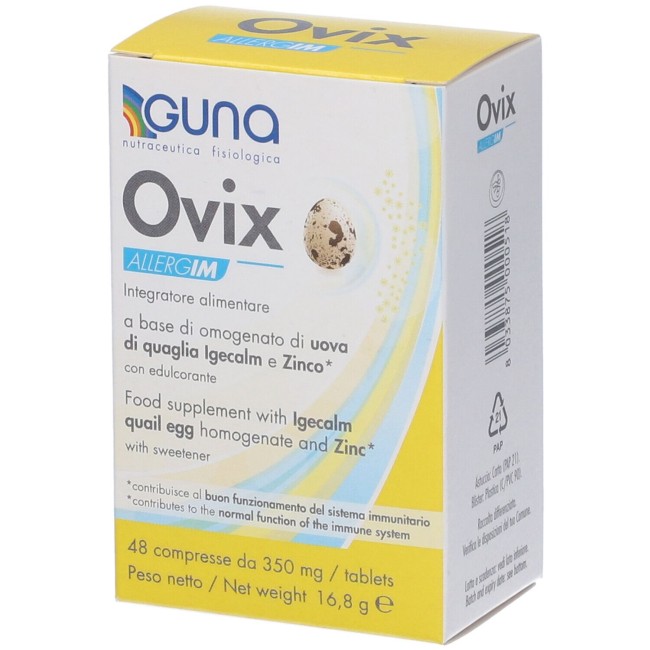 Confezione da 48 compresse di Guna Ovix Allergim, integratore per le allergie stagionali. Confezione da 48 compresse di Guna Ovix Allergim, integratore per le allergie stagionali.