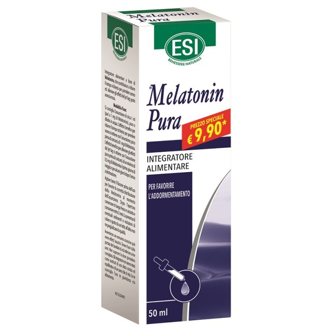 Flacone da 50 ml di Esi Melatonin Pura, integratore per favorire il sonno. Flacone da 50 ml di Esi Melatonin Pura, integratore per favorire il sonno.