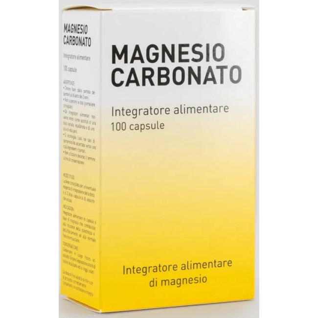 Confezione da 100 capsule di Magnesio Carbonato, integratore per muscoli e metabolismo energetico.