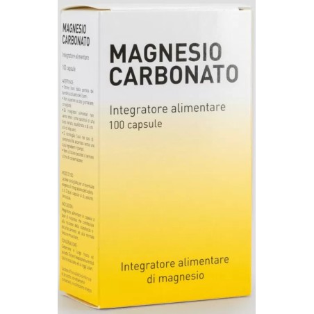 Confezione da 100 capsule di Magnesio Carbonato, integratore per muscoli e metabolismo energetico.