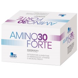 Confezione da 30 bustine di Amino 30 Forte, integratore per migliorare la resistenza fisica e il recupero.