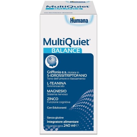 Flacone da 240 ml di Humana Multiquiet Balance, integratore per la salute fisica e mentale.