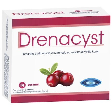 Confezione da 14 bustine di Drenacyst, integratore per cistite e salute delle vie urinarie.