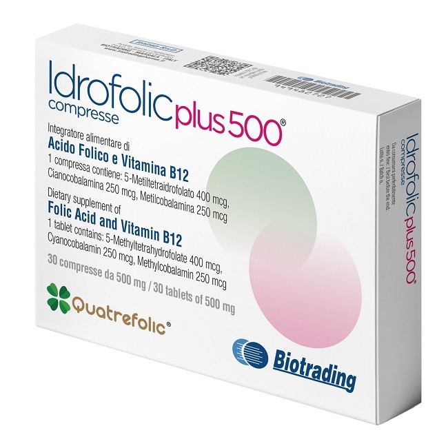 Confezione da 30 compresse di Idrofolic Plus 500, integratore per il metabolismo energetico. Confezione da 30 compresse di Idrofolic Plus 500, integratore per il metabolismo energetico.