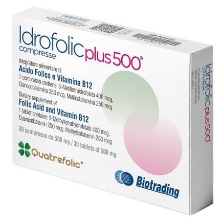 Confezione da 30 compresse di Idrofolic Plus 500, integratore per il metabolismo energetico. Confezione da 30 compresse di Idrofolic Plus 500, integratore per il metabolismo energetico.