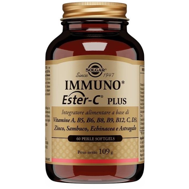Barattolo da 60 perle di Solgar Immuno Ester-C Plus, integratore per supportare le difese immunitarie. Barattolo da 60 perle di Solgar Immuno Ester-C Plus, integratore per supportare le difese immunitarie.